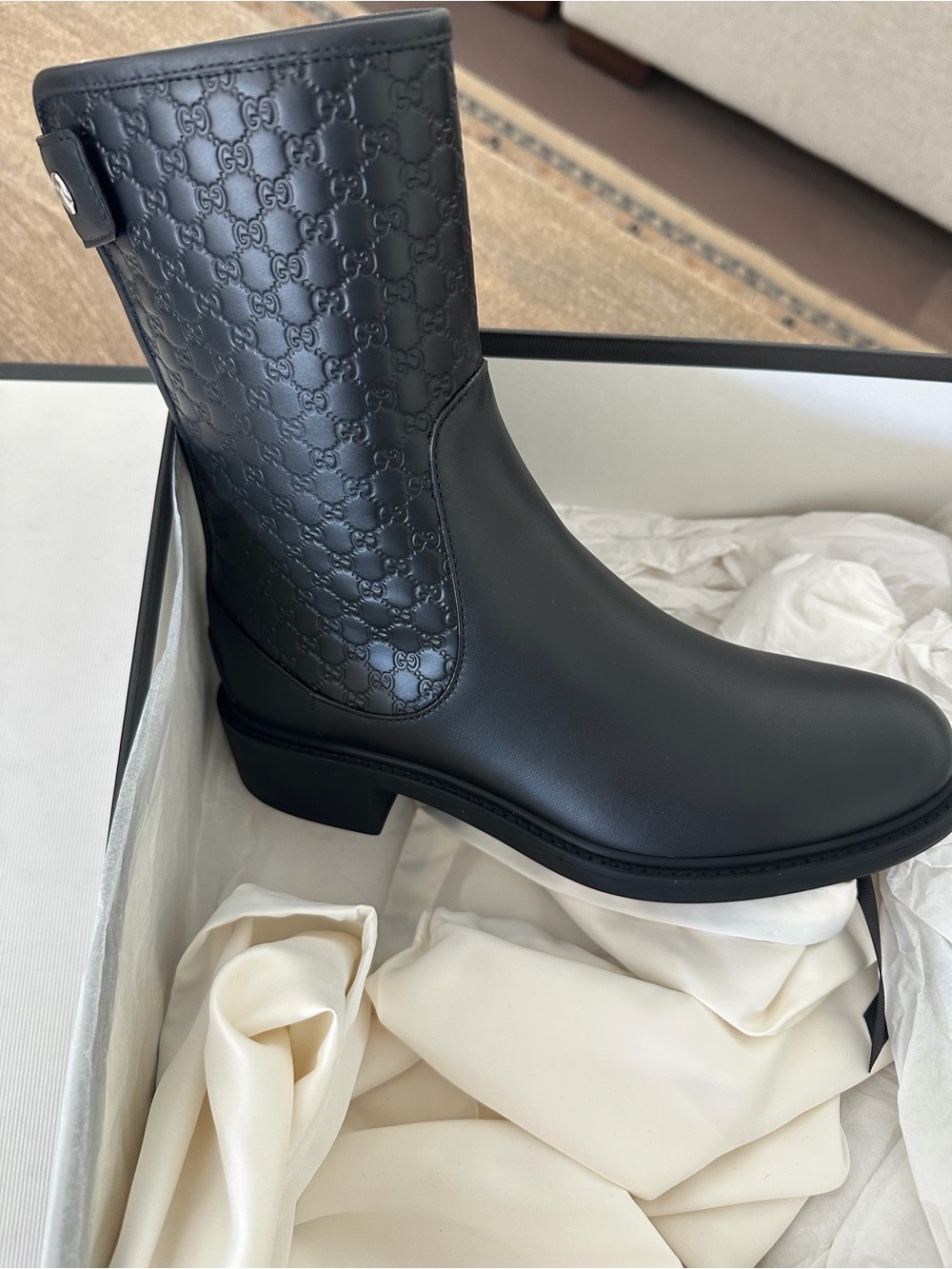 Gucci Black Embossed Signature Leather Ankle Boot